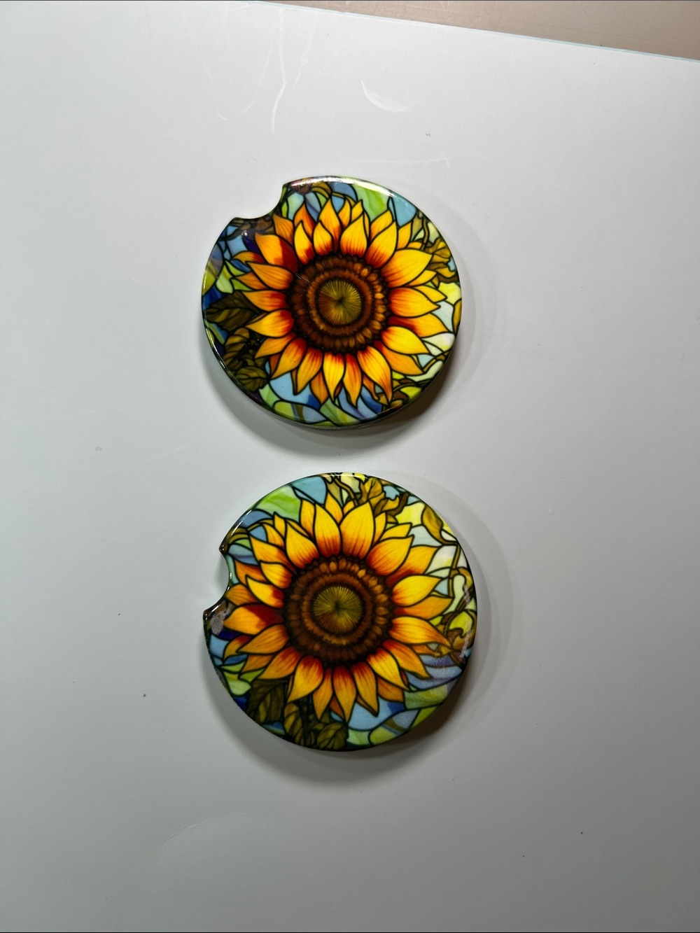 Hand Crafted Sunflower Glass Car Coaster Pair in Yellow and Green